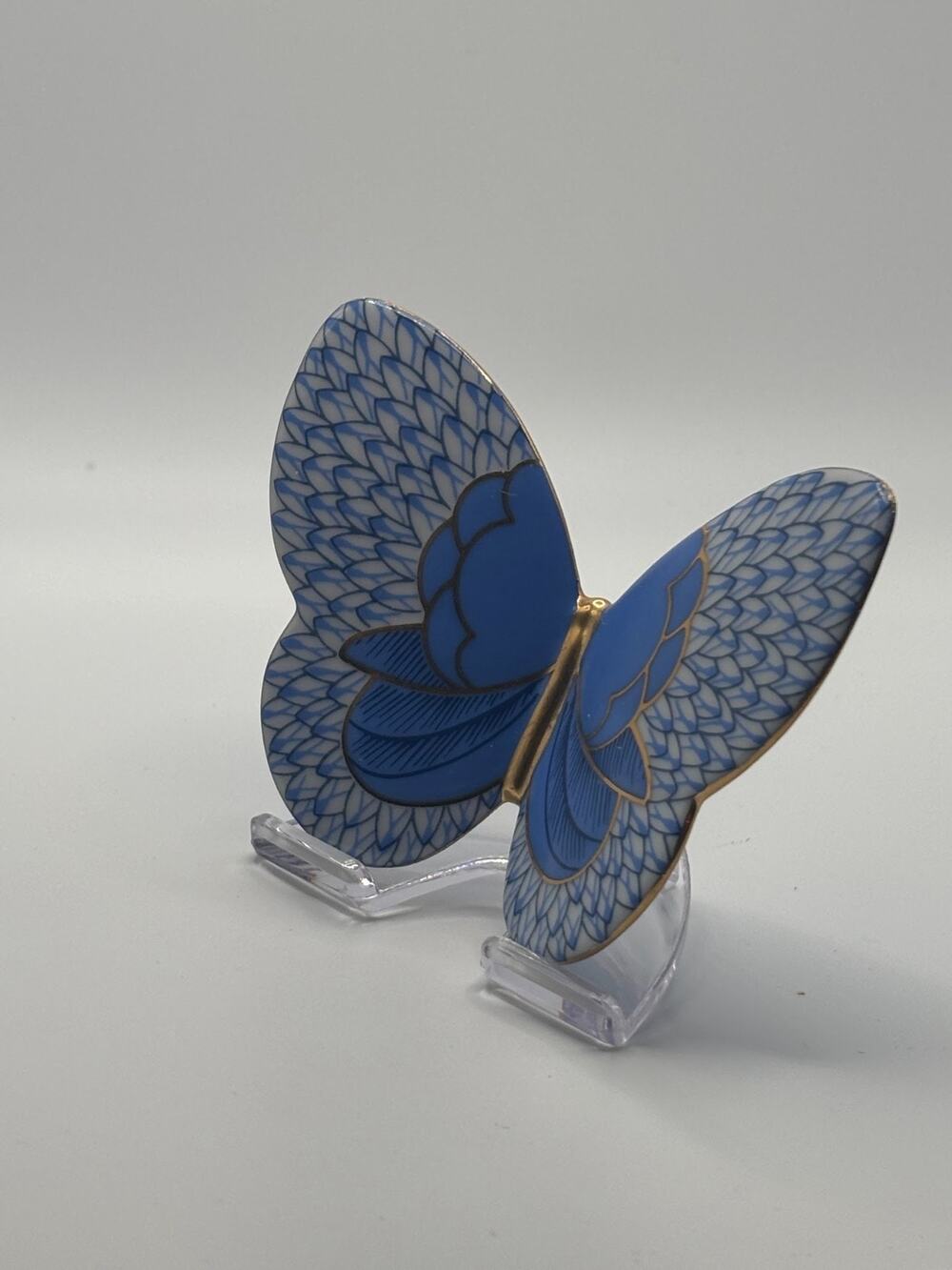 Rare House of Faberge Butterfly Hungarian Porcelain Blue Fishnet Gold w Stand